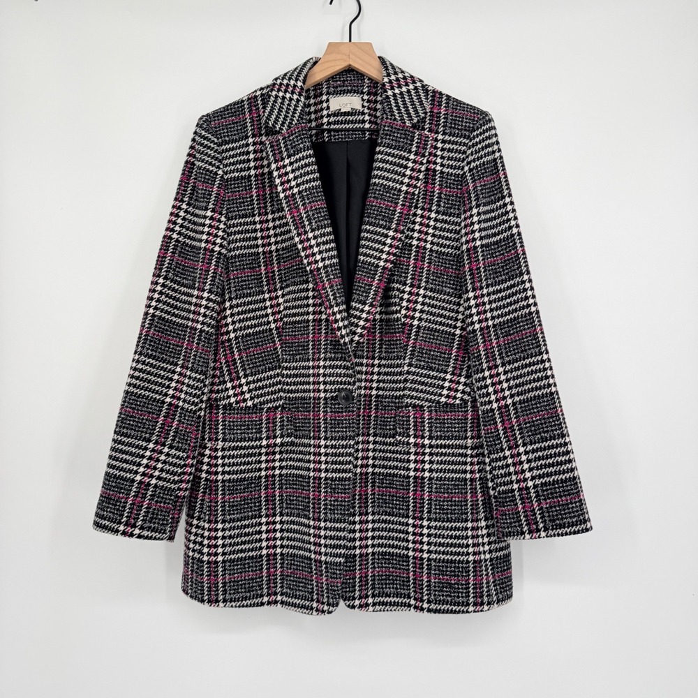 LOFT Plaid Blazer Womens 12 Black Pink Houndstooth Tweed Academic Office Jacket